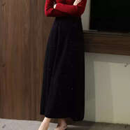 秋冬新款純羊毛半身裙女高腰顯瘦百搭亮片A字裙中長(cháng)款針織百褶裙 黑色 XL XL