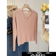 艾莫克韓系顯瘦針織開(kāi)衫女春裝短款修身長(cháng)袖毛衣 韓國粉 均碼