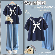 小紅書(shū)爆款韓國風(fēng)格初高中女生時(shí)尚海軍領(lǐng)短袖襯衫休閑褲套裝 [藏青底白蝴蝶結短袖+2498天絲褲 XL[115-125斤] 均碼