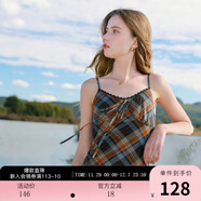 三彩【宋軼同款】2025秋款格紋網(wǎng)紗吊帶裙無(wú)袖連衣裙系帶長(cháng)裙M 磚紅色格紋 M 160/84A