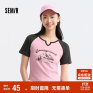 森馬短袖T恤女短款設(shè)計感印花夏季插肩袖緊身套頭衫109324100036