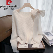 皮爾卡丹韓系甜美米白色蝴蝶結蝙蝠袖毛衣女秋冬新款設計感寬松短款上衣 米白色 均碼
