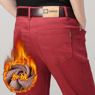 九九王九牧王旗下加絨防寒酒紅色牛仔休閑褲男彈力修身直筒咖啡色商務(wù)褲 加絨酒紅色 防寒6505 加厚 30