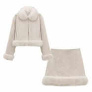 高級感白色小香風(fēng)短款毛毛外套女冬加厚夾棉半身裙套裝裙兩件套 杏色  短裙套裝 S