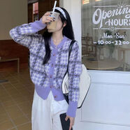 DALEY MODE毛衣女2025秋冬新款日韓系千鳥(niǎo)格甜美風(fēng)設計感撞色針織精致上衣女 紫羅蘭 均碼