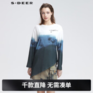 S.DEER圣迪奧女裝上衣休閑圓領(lǐng)撞色字母暈染不規則T恤S22180207 白色/90 L/170