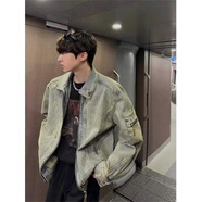 蕭蕭布落做舊水洗夾克男春秋季歐美高街痞帥牛仔外套潮牌街頭寬松休閑上衣 CLH-N1230藍色【尺碼偏大】 M