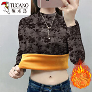 啄木鳥(niǎo)中年媽媽2025秋冬裝加絨T恤女波點(diǎn)冬季一體絨打底衫奶奶保暖上衣 灰黑520 加絨保暖 L 建議-110斤