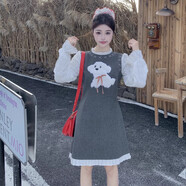 001（ZHEJIANG001）秋冬季新款可愛(ài)小狗毛呢拼接針織長(cháng)袖連衣裙大碼女假兩件套裝裙子 灰色短裙 2XL _建議140-160斤