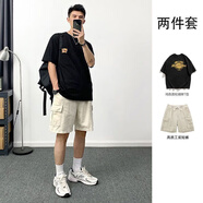 AEMAPE夏季套裝男日系短袖t恤男美式潮牌印花INS寬松潮流休閑工裝短褲 黑色T恤+米白色工裝短褲[純棉高質(zhì)量] L （建議110-130斤）