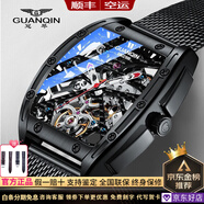 冠琴【名表十大品牌】 名表新款手表男士方形鏤空透底酒桶全自動(dòng)機械休閑潮流瑞表夜光防水學(xué)生運動(dòng)男士腕表 黑殼黑面黑網(wǎng)帶【配皮表帶】