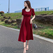 胖mm茶歇法式桔梗長(cháng)裙子大碼夏季赫本風(fēng)高腰顯瘦紅色氣質(zhì)連衣裙女 紅色 L L