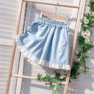 2025短褲女夏季刺繡可愛(ài)木耳花邊褲管棉麻百搭松緊腰休閑寬褲子 淺藍色 XS XS80-85斤