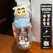 左沐蠟筆小新創(chuàng  )意水杯女生高顏值高硼硅玻璃杯吸管杯子可愛(ài)喝水學(xué)生杯 藍色+蠟筆小新6枚軟硅膠貼+清洗工具+卡通貼紙 530ML