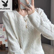 花花公子（PLAYBOY）秋冬季新款女圓領(lǐng)精紡羊毛針織衫鏤空長(cháng)袖鏤空鳳尾燈打底毛衣 米白色 M