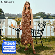 Olrain歐芮兒吊帶碎花連衣裙夏季女裝浪漫優(yōu)雅長(cháng)裙子度假沙灘裙 水仙咖 S