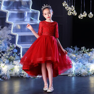 小咔衣濃兒童禮服公主裙女童婚紗主持人鋼琴演奏演出服花童走秀中大童秋季 酒紅色前短后長(cháng) 140