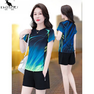 袋鼠（DAISHU）明星同款短袖短褲套裝女夏季運動(dòng)服跑步服冰絲速干衣兩件套五分褲 藍色 XL(推薦110-125體重)