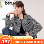 百圖betu女裝春季新款短外套高級感小香風(fēng)長(cháng)袖毛呢外套女2401T40 黑色 L