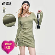 妖精的口袋歐美工裝長(cháng)袖連衣裙秋季女裝2024新款設計感修身裙子 水洗灰綠色 S