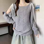 2025新款露肩蕾絲甜美慵懶系帶高級長(cháng)袖寬松毛衣針織衫上衣 灰色