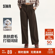 森馬（Semir）休閑褲女純棉打褶闊腿褲腰帶秋復(fù)古磨毛長(zhǎng)褲顯腿長(zhǎng)101524127005A