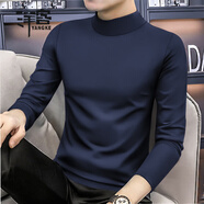 洋客高端純色長(cháng)袖t恤男士半高領(lǐng)打底衫棉秋衣內搭新款秋裝加絨上衣潮 藏青 XL 【適合135-150斤】