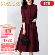 NOSSKISS奢侈高檔品牌長(cháng)袖襯衫連衣裙女2025秋季新款氣質(zhì)收腰顯瘦有中長(cháng)裙 酒紅 L [建議110-120斤]
