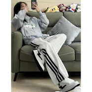 妃桐（FEI TONG）美式拼接條紋運動(dòng)褲女秋冬加絨加厚衛褲寬松學(xué)生直筒闊腿休閑長(cháng)褲 白灰色拼接條紋（常規不加絨） S