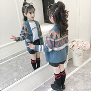 糊圖狗（HUTUGOU） 網(wǎng)紅女童毛衣新款韓版洋氣線衣兒童針織衫春秋百搭開衫外套 藍色 高檔毛衣開衫 120