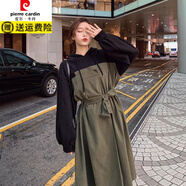 皮爾卡丹（pierre cardin）新款加厚棉中長(cháng)款衛衣裙春秋冬季假兩件連衣裙女學(xué)生韓版寬松大碼 軍綠色【好面料】 M 【建議100-115斤】