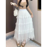 松緊腰杏色蕾絲花邊半身裙女夏季層次感網(wǎng)紗裙甜美百搭A字裙 蕾絲花邊裙白色雙層面料 XL XL體重110-125斤