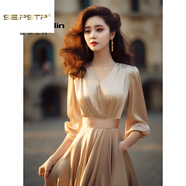 夏典素訂女王（SE.PSTP）法式成熟御姐絕美感小香風(fēng)超好看高端精致香檳色連衣裙子女夏 香檳色連衣裙今年流行的輕奢品牌 XL 115-125斤