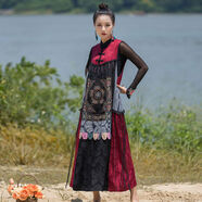 新款民族風(fēng)拼接刺繡無(wú)袖馬甲連衣裙女中長(cháng)款寬松民族特色女流蘇裙 酒紅色僅馬甲連衣裙 L L125斤以下