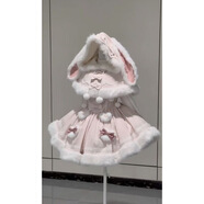 vimadtly甜美風(fēng)少女感粉色毛茸茸兔耳朵斗篷外套吊帶蓬蓬裙洛麗塔三件套 斗篷+吊帶裙【兩件套】 S 【建議80斤-90斤】