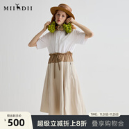 謎底連衣裙短袖2025夏季新品通勤撞色抽繩合身X型中長(cháng)裙252ML0513 亮白 L