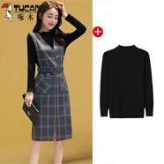 啄木鳥(niǎo)（TUCANO）毛呢背帶連衣裙女2025春秋新款復古格子背心裙減齡顯瘦兩件套套裝 灰藍色連衣裙+黑色毛衣 L 建議親100-110斤
