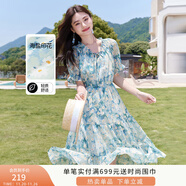 香影小清新v領(lǐng)碎花連衣裙女2025夏季新款木耳邊藍色泡泡袖雪紡裙 藍色 M