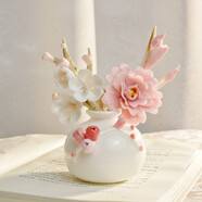 妙旭花瓶擺件客廳輕奢高級感小號精致陶瓷花瓶手工花加梅花枝套組精美 梅花骨朵圓花瓶＋牡丹＋白梅花