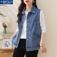 莫代爾牛仔外套女春秋2025年新款早春韓版寬松短款小翻領(lǐng)夾克上衣潮 199#復古藍 馬甲 M 建議100-125斤