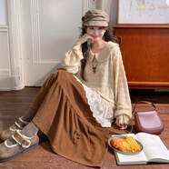 森女部落森系娃娃領(lǐng)長(cháng)袖T恤女新款蕾絲下擺設計感打底衫百搭上衣 杏色 S 模特碼