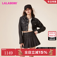 拉拉波波成夢(mèng)鑫同款LALABOBO新款翻領(lǐng)字母女時(shí)尚短款復古牛仔夾克機車(chē)外套 黑牛仔 常規 S 