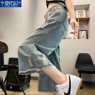 莫代爾復古破洞七分直筒牛仔褲女2025夏季新款高腰寬松顯瘦懷舊闊腿褲子 MX-8-1347_藍色 2XL 建議135-150斤