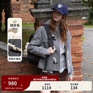 Teenie Weenie小熊牛角扣休閑短款毛呢大衣綿羊毛混紡連帽外套女裝 灰色 L (170)