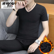 費洛仕無(wú)痕短袖T恤男冬季加絨加厚半袖修身百搭內衣絨V領(lǐng)打底衫保暖秋衣 805加絨短袖黑色 M 90-110斤
