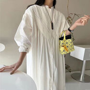 韓國chic夏季法式復古立領(lǐng)蕾絲鏤空拼接設計寬松燈籠袖連衣裙長(cháng)裙 米白色 均碼 均碼