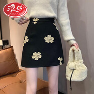浪莎黑色刺繡毛呢半身裙女裝秋冬季2025新款小個(gè)子高腰顯瘦A字短裙子 黑色 S