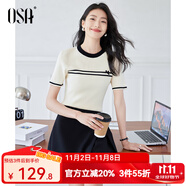 歐莎（OSA）拼接撞色圓領(lǐng)針織衫女氣質(zhì)顯瘦套頭衫2025年夏季新款T恤上衣 米白色 2XL