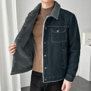 玖維婭美式牛仔外套男羔絨秋冬加絨加厚保暖棉服寬松帥氣韓版潮流夾克 黑色6 單口袋毛領(lǐng)牛仔外套 加絨 M 95-110斤