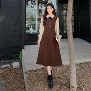 法式復古學(xué)院風(fēng)雙層領(lǐng)紅色連衣裙秋冬大碼赫本風(fēng)假兩件燈芯絨長(cháng)裙 棕色 S建議75-90斤 均碼